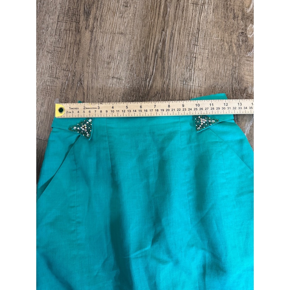 Joseph Ho Green Ramie Cotton Pencil Skirt Embellished Waist Size 6 Vintage - Picture 13 of 13
